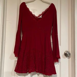 Light weight, long sleeve red dress with lace detailing